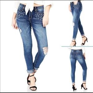 BLOOMROCKS Melrose Pearls Fray Cuff Ankles Jeans
